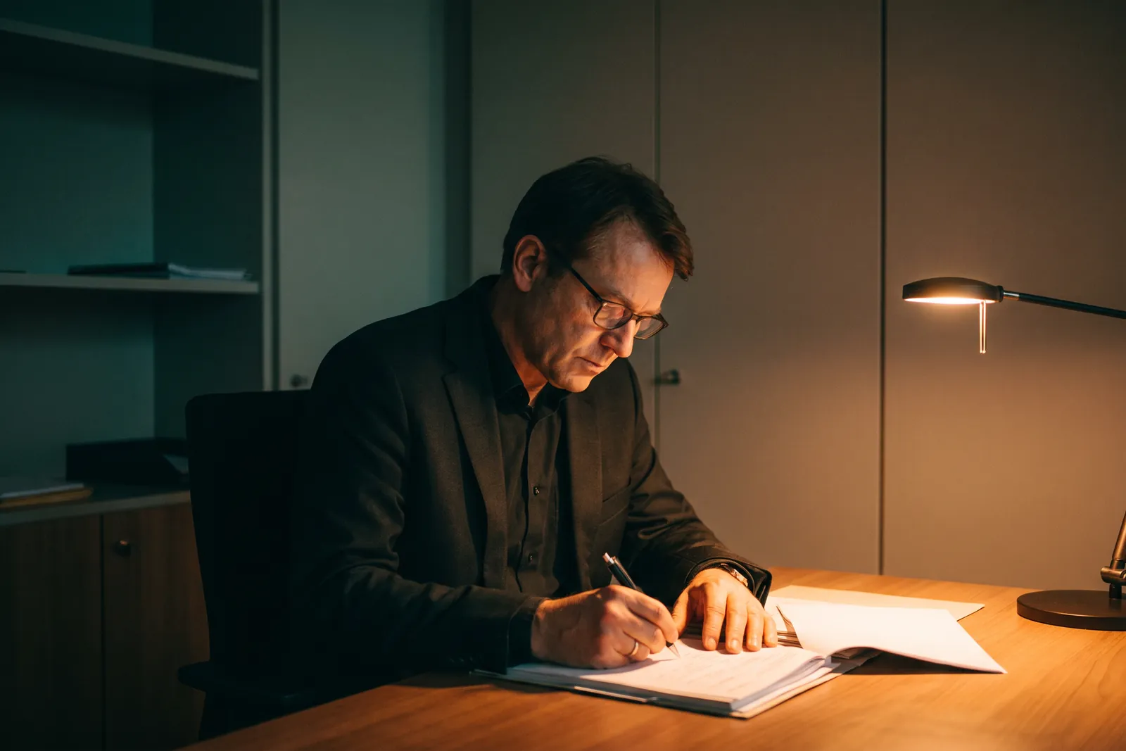 Ein Mitarbeiter sitzt abends allein am Schreibtisch und hält einen Vorfall handschriftlich fest