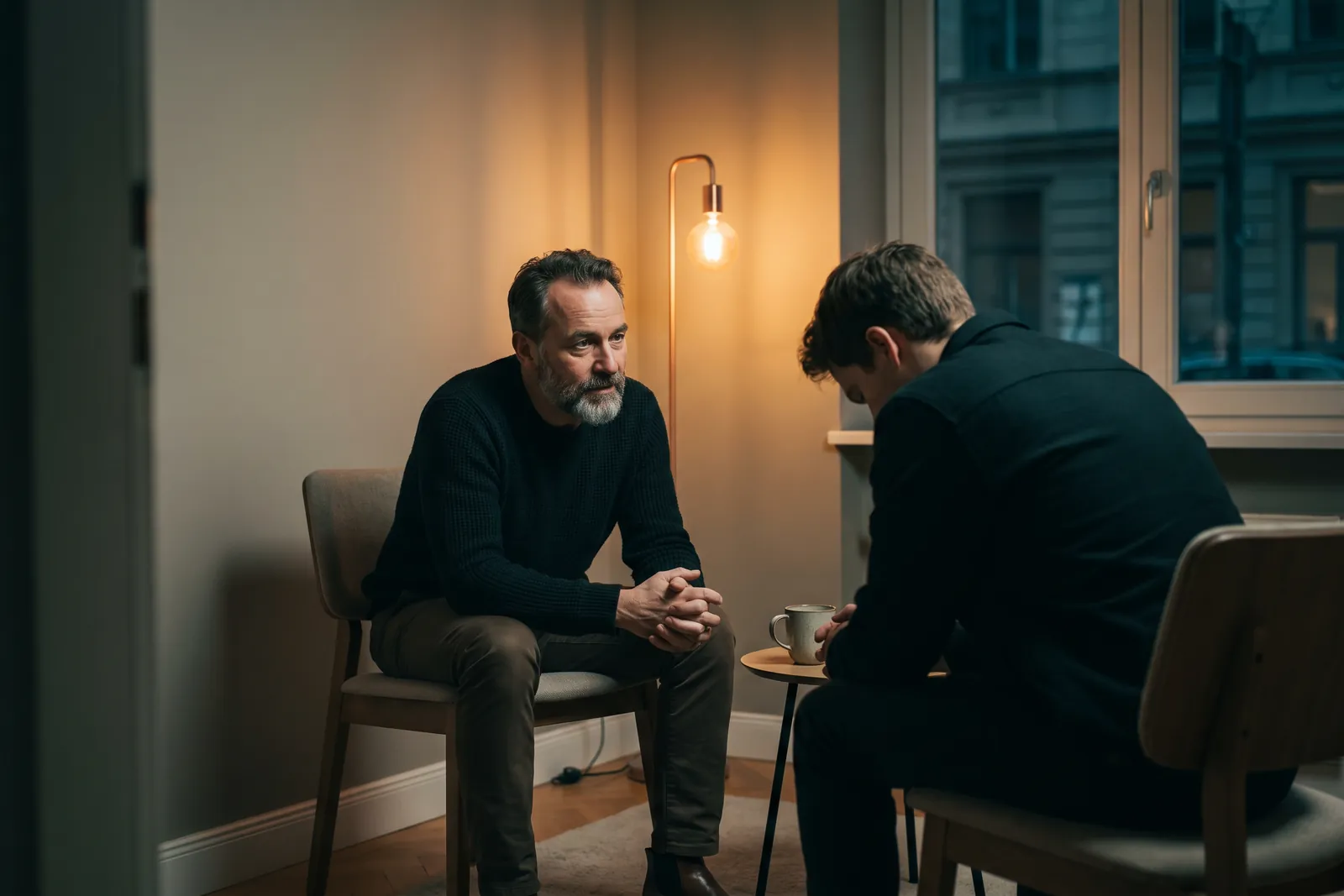 Zwei Männer sitzen einander in einem ruhigen Beratungsraum gegenüber, einer hört zu, der andere denkt nach