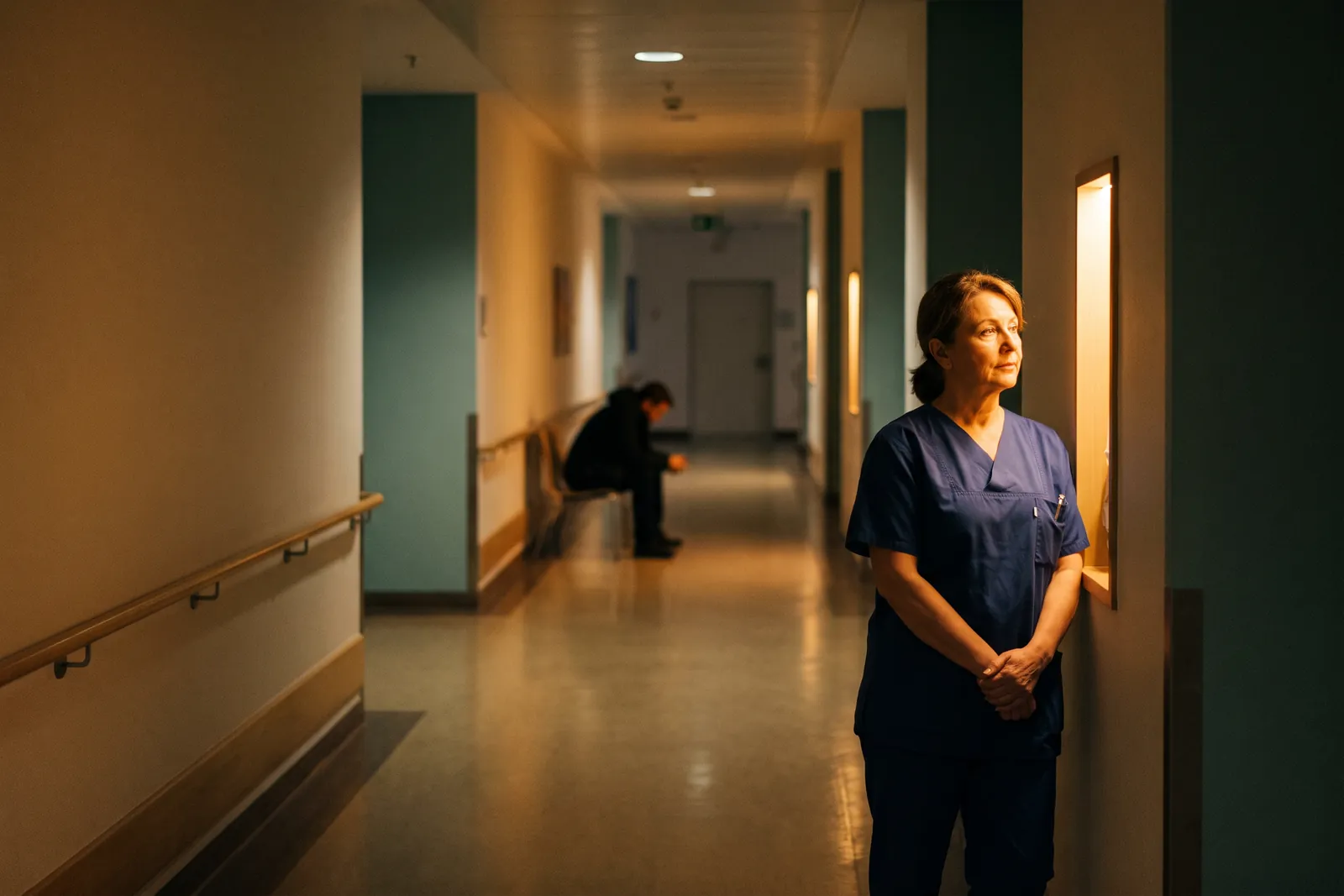 Eine Pflegekraft steht aufmerksam in einem Klinikflur, im Hintergrund sitzt eine angespannt wirkende Person auf einer Bank