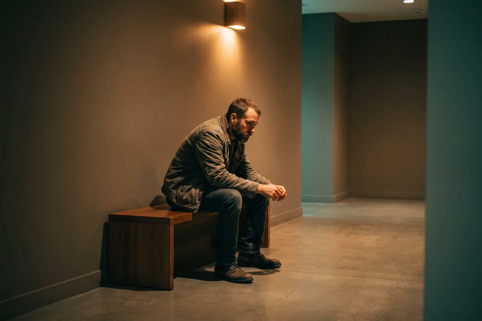 Ein Mann sitzt allein auf einer Bank in einem Flur, die Hände gefaltet, nachdenklich