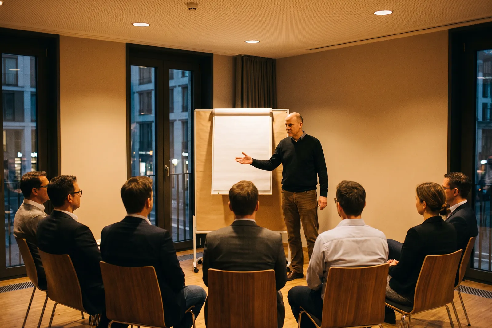 Ein Trainer erklärt am Flipchart vor einer kleinen Gruppe im Halbkreis