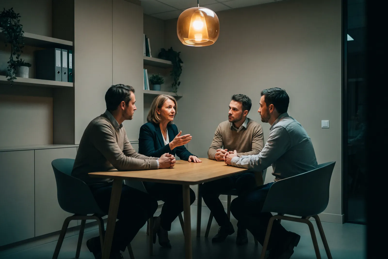 Vier Kolleginnen und Kollegen sitzen abends in einer ruhigen Teambesprechung um einen Tisch